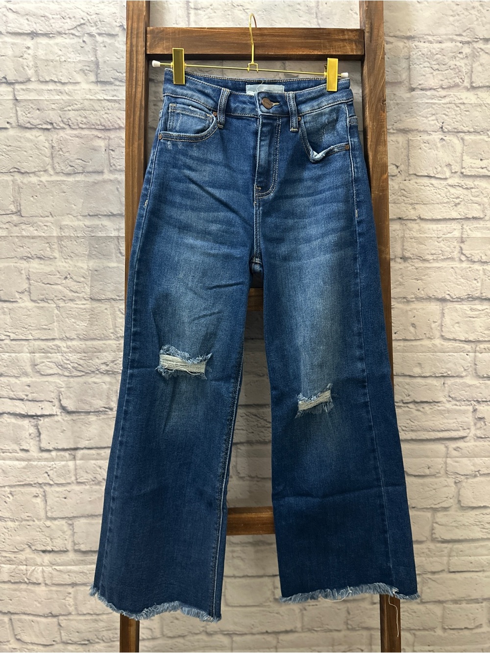 High-Rise Wide Leg Distressed Jeans in Medium Blue